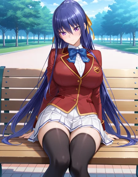 score_9, score_8_up, score_7_up, source_anime, official style, masterpiece, best quality, ultra-detailed, amazing quality, very aesthetic, absurdres, newest, scenery, highres, incredibly absurdres, huge filesize, wallpaper, artbook, game cg, illustration, digital illustration, {cowboy shot, sit on the bench, at the park, daytime}, 1girl, solo, AKIYAMA_RINKO, very long hair, blue hair, purple eyes, large breasts, hair ribbon, school uniform, red jacket, blue bow, white skirt, pleated skirt, black thighhighs, <lora:Horikira_pony:0.8>