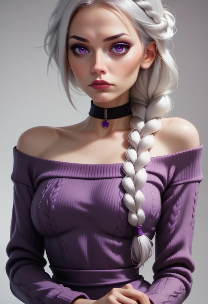 score_9, score_8_up, score_7_up, 1girl, solo, sexy sweater dress, purple dress, long sleeves, bare shoulders, black choker, <lora:Dark_Violet_Pony_v0.1:0.5> d4rkv10l3t, white hair, single braid, purple eyes,