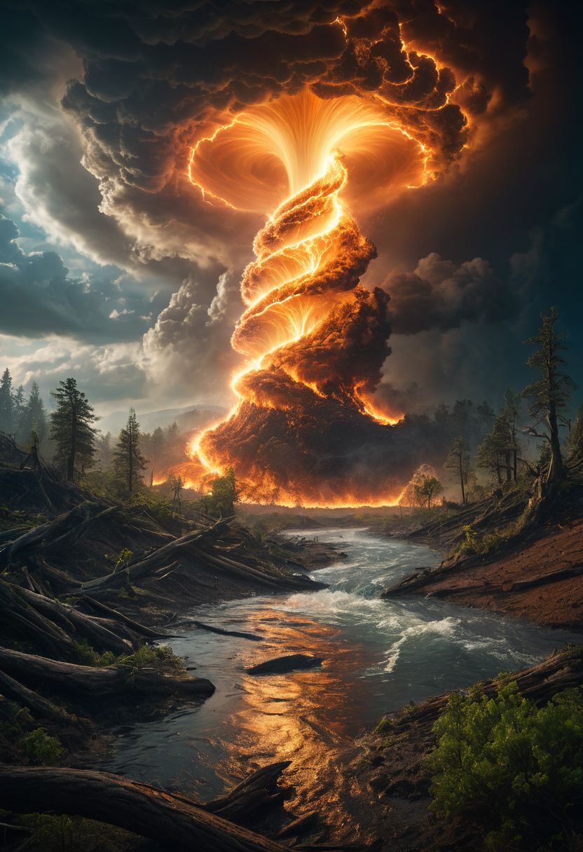 ((Image of 4 elements clashing into a single point)), fire clashing with water clashing with tornado clashing with earth, water clashing, earth forest clashing, windy cloud clashing, Masterpiece, 8k, sharp image, highest-quality, intricate details, 4 elements clashing into a perfect symmetrical point, fire earth water tornado, fractal, highly detailed, micro-details, micro-details within the micro-details, sharp edges, detailed textures, wide angle, cinematic view, full view, atmospheric lighting, visually stunning, high contrast, fantasy, 1image, trending on artstation
