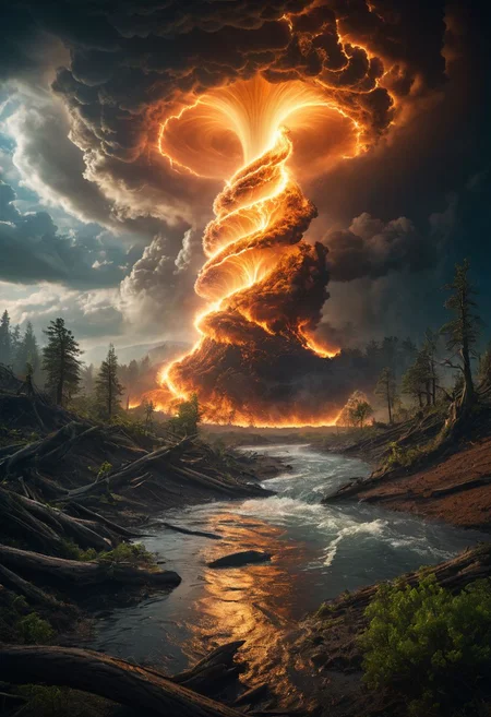 ((Image of 4 elements clashing into a single point)), fire clashing with water clashing with tornado clashing with earth, water clashing, earth forest clashing, windy cloud clashing, Masterpiece, 8k, sharp image, highest-quality, intricate details, 4 elements clashing into a perfect symmetrical point, fire earth water tornado, fractal, highly detailed, micro-details, micro-details within the micro-details, sharp edges, detailed textures, wide angle, cinematic view, full view, atmospheric lighting, visually stunning, high contrast, fantasy, 1image, trending on artstation
