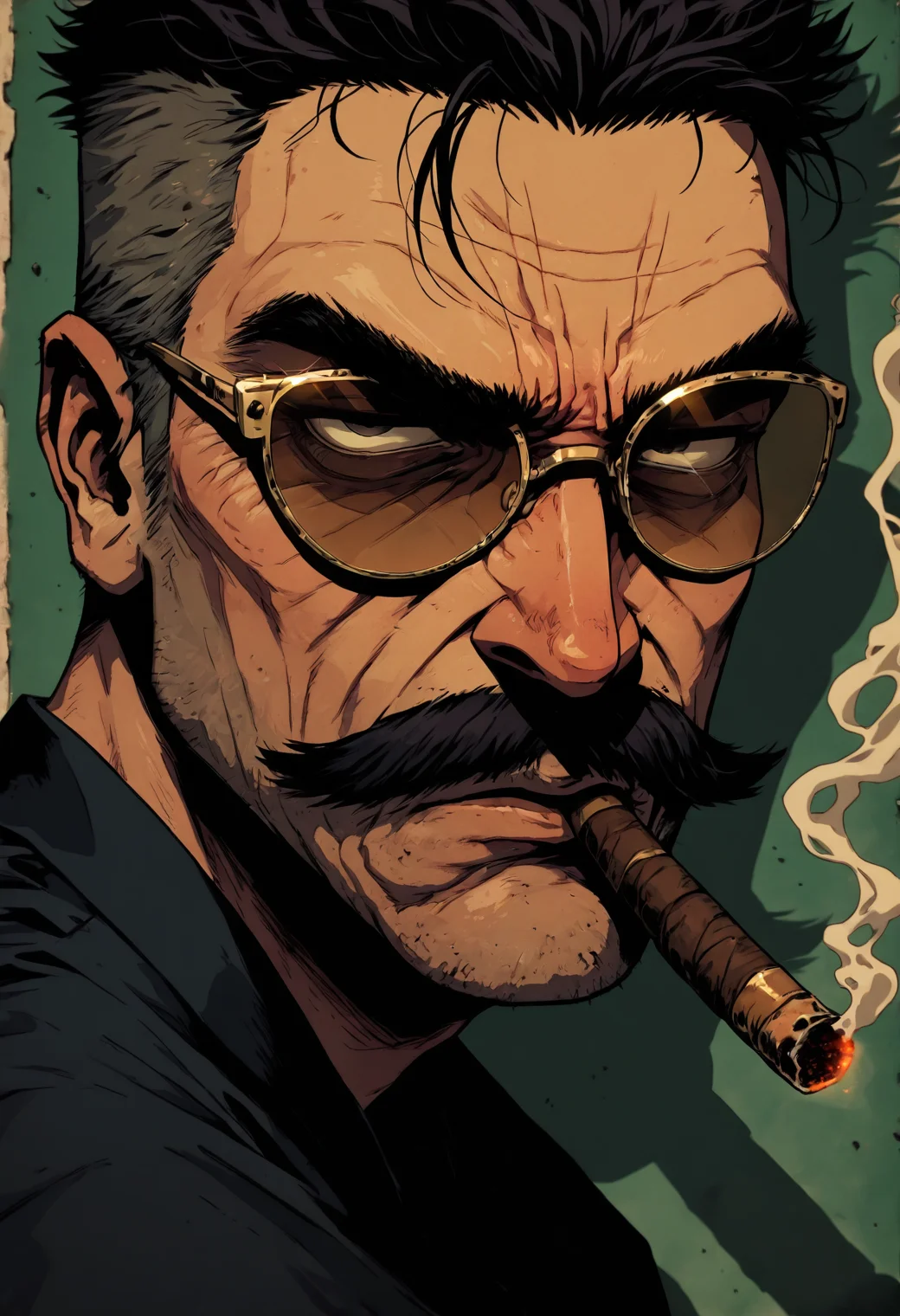1male, masculin, mature ,mustache, dark hair, italian, smoking cigar, gold-trimmed shades, boxercut, face focus, close up, half of face visible, glimming cigar
angry, serious, shadow over eyes, enraged, hatred, confident,
GOTAV1.0, <lora:Gothic-Anime-V1.0_IL:1>,, masterpiece, best_quality, amazing_quality, very_aesthetic, 8k, high_quality, highres, absurdres, subject_focus,, detailed eyes, perfect eyes, realistic eyes,