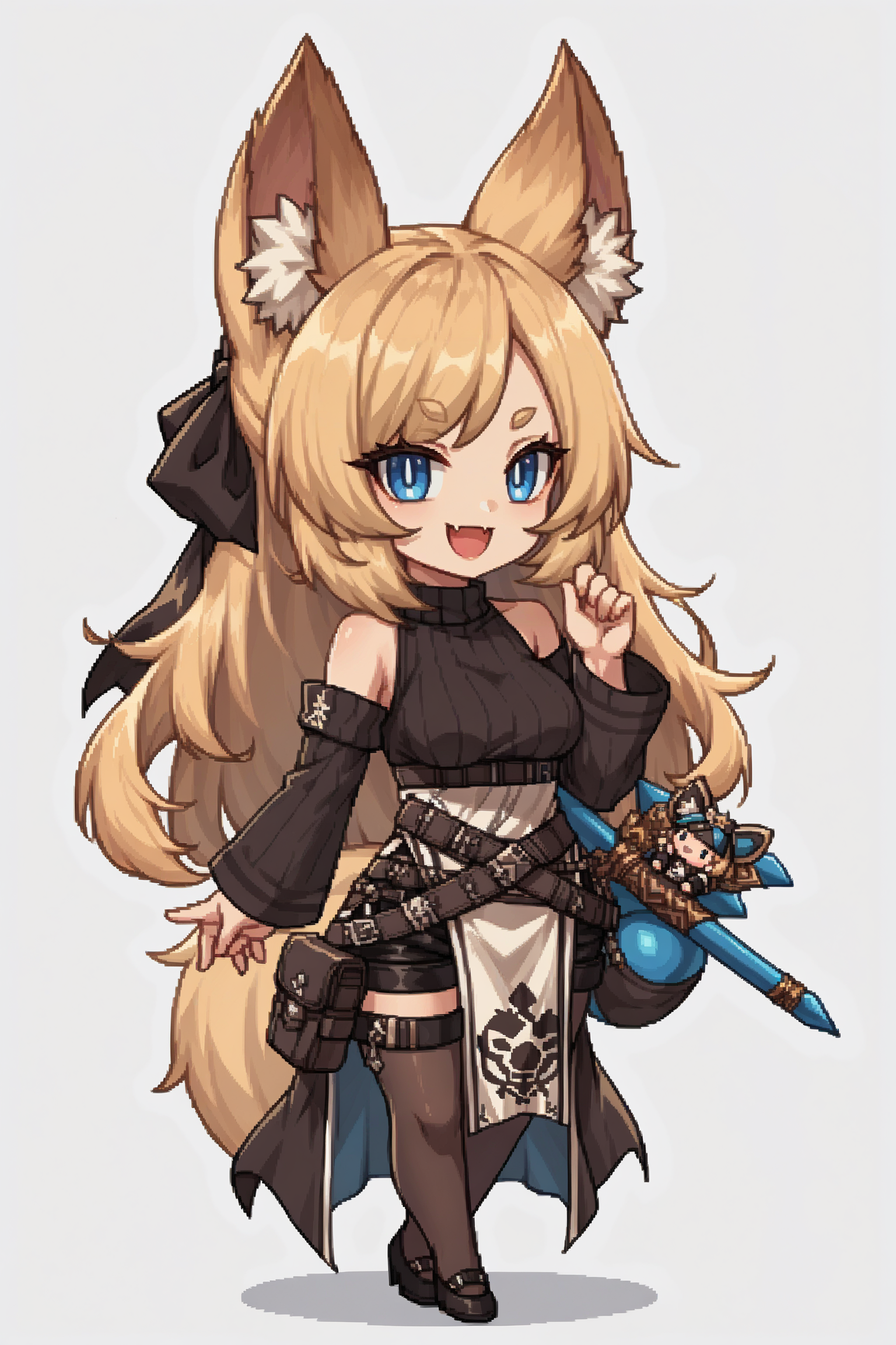 score_9, score_8_up, score_7_up, , rating_general,1girl ,wssd, animal ears, tail, hair ribbon, ribbed sweater, bare shoulders,  long sleeves, pouch belt, black shorts, pelvic curtain, black thighhighs, high heels, source_anime, smile, :3,  skin fang, open mouth, naughty face, <lora:WhislashPDCAMEv2L AK-000006:1>, <lora:GBFPixelPDCAME Style:1>, pixel art, 2d, full portrait, simple background, white background, chibi, anime ear animal ear fluff,