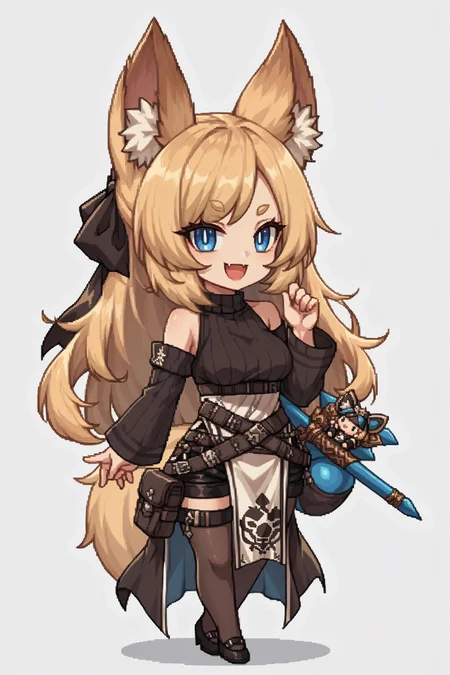 score_9, score_8_up, score_7_up, , rating_general,1girl ,wssd, animal ears, tail, hair ribbon, ribbed sweater, bare shoulders,  long sleeves, pouch belt, black shorts, pelvic curtain, black thighhighs, high heels, source_anime, smile, :3,  skin fang, open mouth, naughty face, <lora:WhislashPDCAMEv2L AK-000006:1>, <lora:GBFPixelPDCAME Style:1>, pixel art, 2d, full portrait, simple background, white background, chibi, anime ear animal ear fluff,