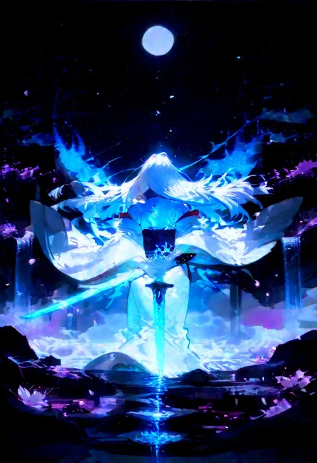 masterpiece, best quality, amazing quality, very aesthetic, absurdres, newest, volumetric lighting, holographic colors, cute, gradient colors, dark background, masterpiece, best quality, amazing quality, very aesthetic, absurdres, newest, volumetric lighting,1girl, 
BREAK
nsfw, 
 ambient occlusion, raytracing, soft lighting, blum effect, masterpiece, absolutely eye-catching, particles, glow, shining, intricate cinematic background, (beautiful face),  
BREAK
masterpiece, highly detailed,1girl,beautiful eyes, big eyes, detailed eyes, detailed pupils, perfect body, dynamic pose, dynamic shot,
Yuki-Onna, Yukinoshita Yukino, colored skin, white skin, white hair, long hair, 
light blue haori, overcoat, japanese clothes, 
cherry blossoms, mountains, meadows, scenery, blue skies, clouds, summer, bosstyle,
fantasy, 
night, starry sky, light particles, fireflies, moon, waterfall, 
facing away, 
holding sword, planted sword, katana, hands on sword,cinematic, epic, official art, bloom,
<lora:spo_sdxl_10ep_4k-data_lora_webui:0.6> <lora:ponyv5_noobV065S_1_adamW-000013:0.7> <lora:USNR_STYLE_XL_lokr:0.45> <lora:GBF_Illustrious:0.4> <lora:748cmSDXL:0.8>