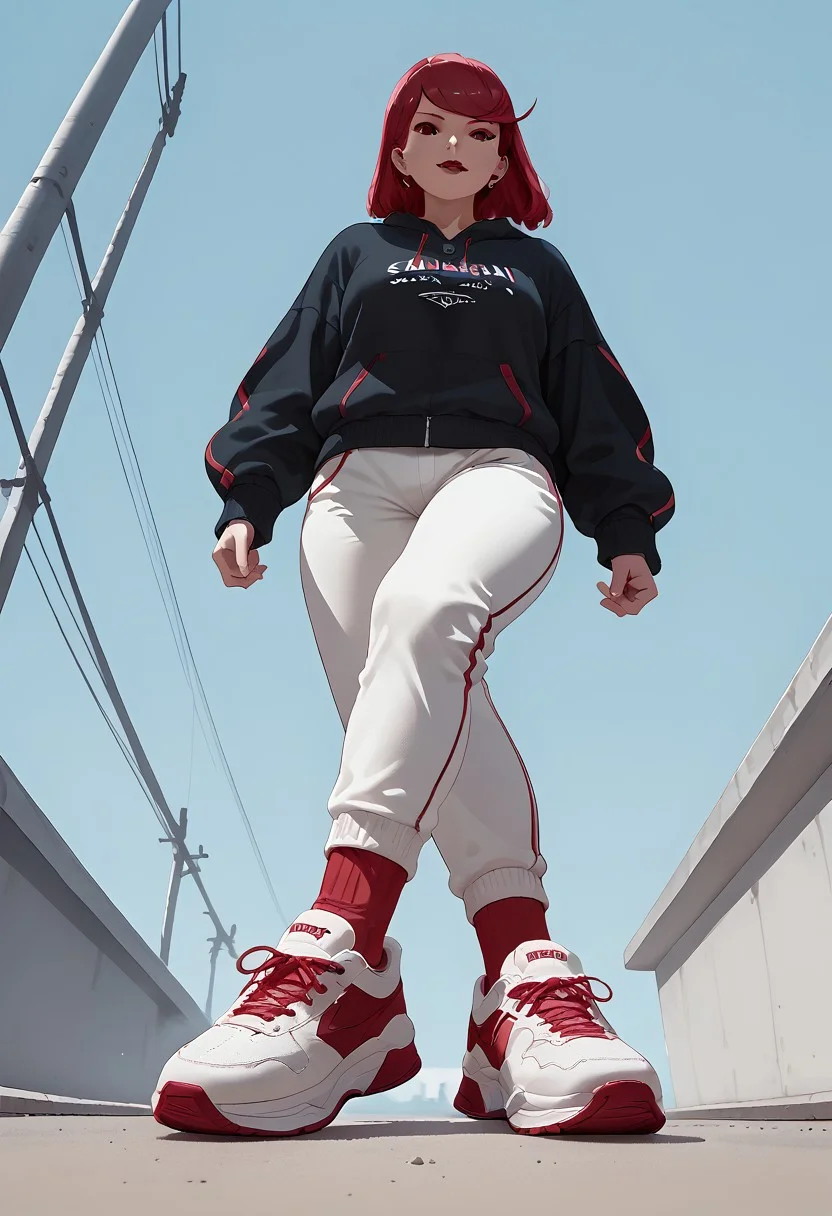 score_9, score_8_up, score_7_up, full body, chunkysneakers, sneakers, streetwear, Scarlett, 1girl, solo, standing on one leg, footwear focus, from below, source_anime, lineart, pov