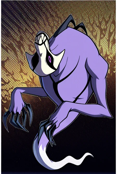 <lora:zskayr-10:1> zskayr, no humans, solo, monster, teeth, black claws, pokemon (creature), single purple eye, , purple skin, sharp teeth, , black sclera, upside down head, ghost tail,, upper body, halftone effect, white borders, abstract background:1.2,, masterpiece, best quality, amazing quality, very aesthetic, absurdres, newest,