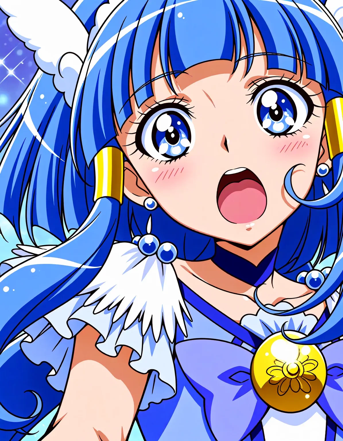 <lora:dmd2_sdxl_4step:1>,official style,masterpiece,best quality,newest,very aesthetic,highly detailed,high resolution,absurdres,highres,depth of field,super detailed skin,very awa,Anime,anime coloring,anime screencap,<lora:cure_beauty_V2:1>,cure beauty,abstract_background,open mouth,sliding,
