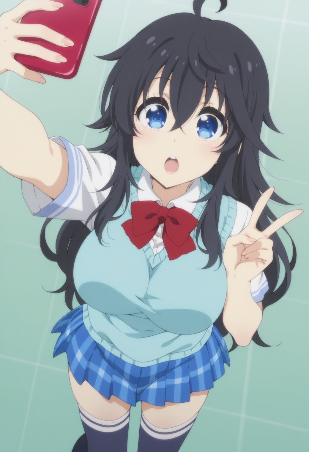 anime screencap, anime coloring,  <lora:DX888Ako:1> tamaki ako, blue eyes, black hair, very long hair, hair between eyes, ahoge, BREAK  school uniform, sweater vest, white shirt,  red bowtie, plaid skirt, blue skirt, thighhighs, BREAK simple background, green background,  grid background, BREAK   1girl, breasts, cellphone, holding phone, open mouth,   selfie,  taking picture, (v:1.2), from above,
