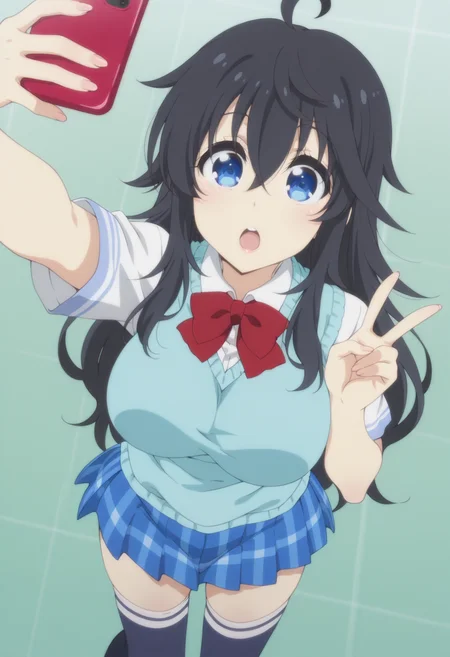 anime screencap, anime coloring,  <lora:DX888Ako:1> tamaki ako, blue eyes, black hair, very long hair, hair between eyes, ahoge, BREAK  school uniform, sweater vest, white shirt,  red bowtie, plaid skirt, blue skirt, thighhighs, BREAK simple background, green background,  grid background, BREAK   1girl, breasts, cellphone, holding phone, open mouth,   selfie,  taking picture, (v:1.2), from above,
