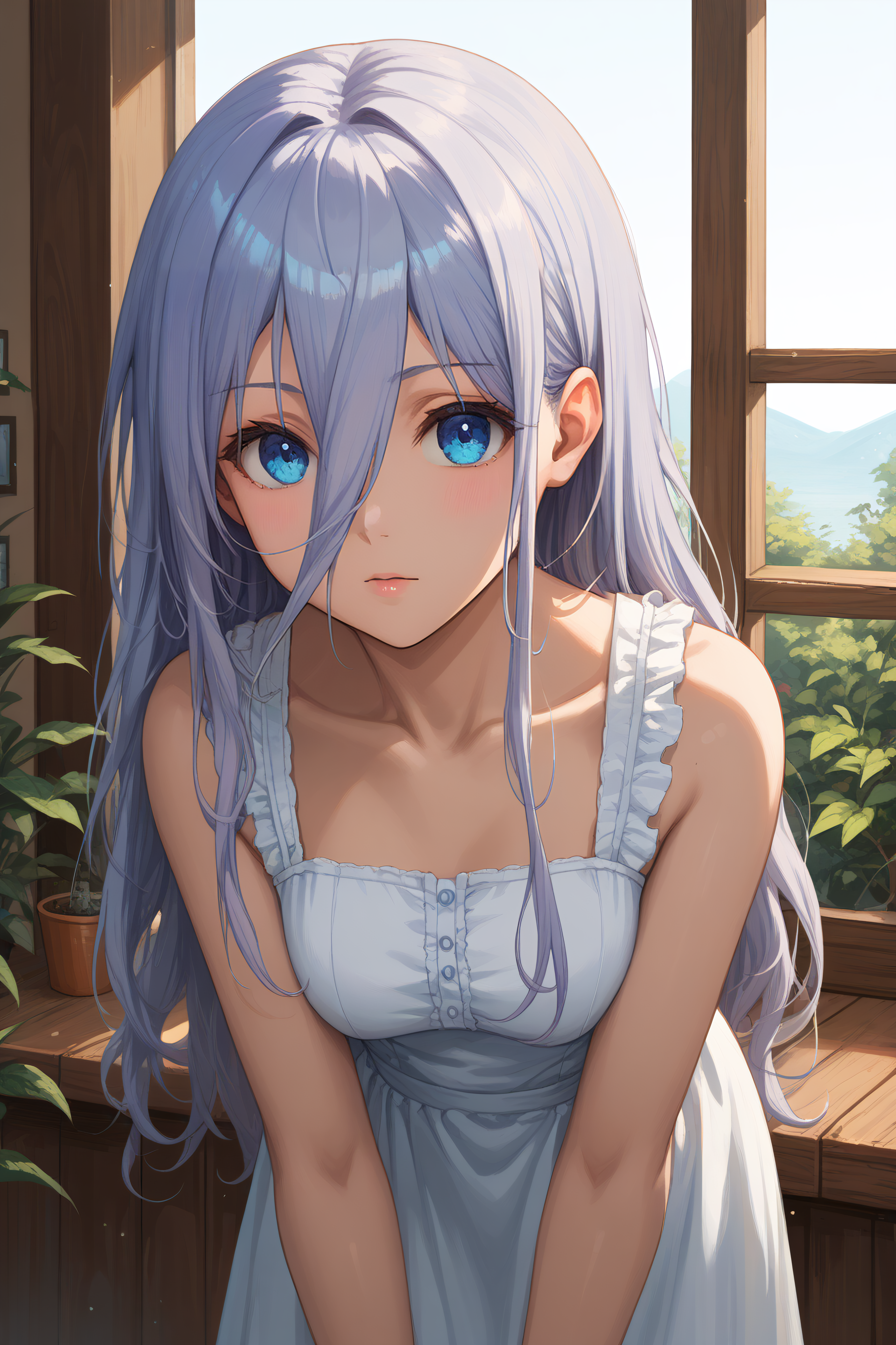 score_9, score_8_up, score_7_up, score_6_up, source_anime, BREAK, <lora:Mio Takamiya-PonyXL-lora-Faxtron:0.85> mio takamiya, blue eyes, grey hair, long hair, hair between eyes, white dress, collarbone, sleeveless,    <lora:bent over_pony_V1.0:1> bent over,
