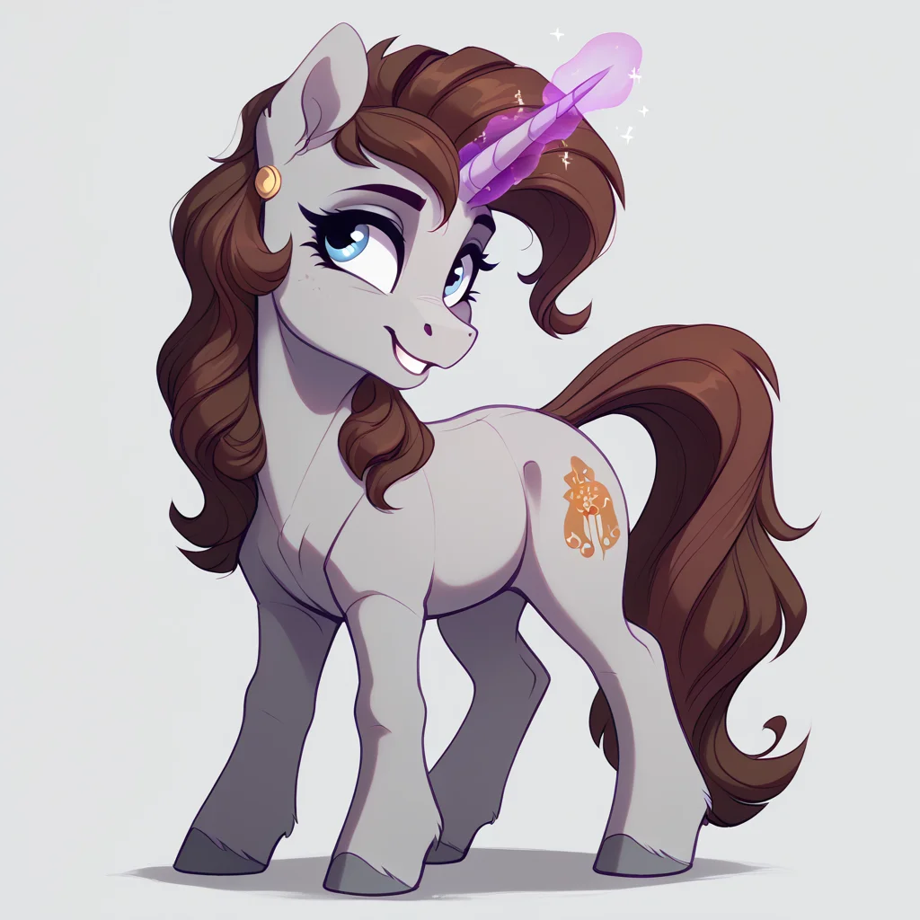 horn, solo, equid, unicorn, mammal, equine, feral, hair, hooves, cutie mark, simple background, piercing, unicorn horn, smile, purple hair, brown hair, ear piercing, grey body, digital media (artwork), magic, fur, signature, eyelashes, blue eyes, teeth, grey fur, tail, quadruped, standing, sparkles, dirtysoda <lora:dirtysoda_1.0Pony:1> <lora:Pony_QualityV4.0:1> <lora:Wholesome_MLP-v1.2:1>