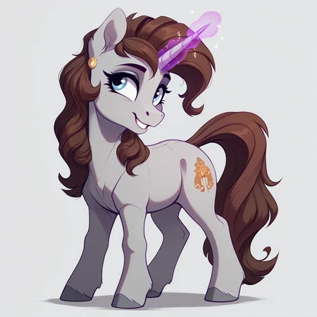 horn, solo, equid, unicorn, mammal, equine, feral, hair, hooves, cutie mark, simple background, piercing, unicorn horn, smile, purple hair, brown hair, ear piercing, grey body, digital media (artwork), magic, fur, signature, eyelashes, blue eyes, teeth, grey fur, tail, quadruped, standing, sparkles, dirtysoda <lora:dirtysoda_1.0Pony:1> <lora:Pony_QualityV4.0:1> <lora:Wholesome_MLP-v1.2:1>