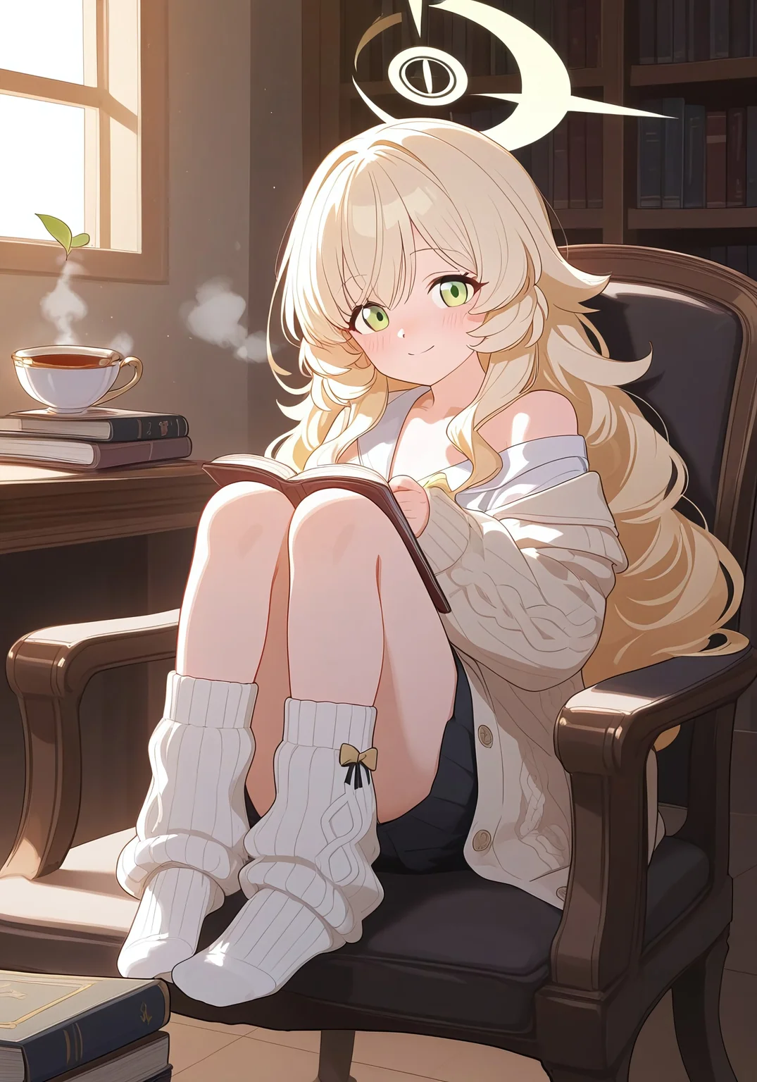 (masterpiece:1.4), (best quality), professor niyaniya (blue archive),Crescent halo,(bluearchive_style:1.7),round_cheeks,low_cheekbone,chin_curve, large_anime_eyes, emerald_green_eyes,blonde hair,yellow halo,emerald_green_eyes half-lidded, 
(relaxed smile:1.3), (soft blush:1.2), 
[deconstructed sweater dress:1.6] :: 
  ✦ oversized oatmeal knit 
  ✦ slipped shoulder reveal 
  ✦ belt with miniature books charm 
  ✦ thigh-slit with lace trim,
cashmere legwarmers:1.3), with crumpled socks, 
holding tilted teacup:1.5) with 
  ◍ floating tea leaf equations 
  ◍ faint steam heart shapes,
pose: 
  ↪️ curled up in wingback chair 
  ↪️ discarded glasses sliding off nose 
  ↪️ open notebook on lap (pages fluttering),
library ambiance: 
  ✦ golden hour dust particles 
  ✦ soft focus bookshelf backdrop,
<lora:CozyAcademic_v4:0.7>,

dynamic pose, delicate facial features, soft lighting, clean lineart, anime style, gradient hair shading,(1girl:1.5),looking at viewer, 