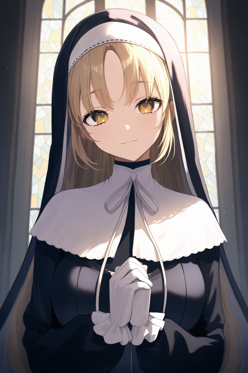 masterpiece, high score, great score, absurdres,
(backlighting), light particles,
1girl, solo, upper body,
sister claire,
sister claire 1st costume,
long hair, blonde hair, straight hair, parted bangs, eyelashes, yellow eyes,
light smile, head tilt,
virtual youtuber, nun, habit, high collar, white capelet, neck ribbon, long sleeves, white gloves, full-length zipper, 
praying,
stained glass, church, 
<lora:kp_SisterClaireAnimagineXL_v1:1.0>