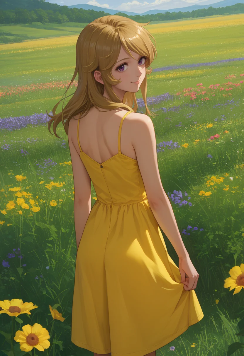 score_9, score_8_up, score_7_up, source_anime, from behind, solo, 1girl, mori yuki, smile, looking back, blonde hair, purple eyes, yellow sundress, bare shoulders, outdoors, flower field <lora:spacebattleship_yukimori_ponyXL:1>