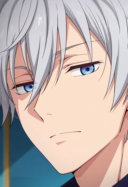 masterpiece, best quality, amazing quality,high resolution, intricate details,official style,depth of field,anime coloring,anime screencap , , , 1boy, solo, male focus,<lora:Fujiwara:0.89>,fujiwara,gray hair,short hair,blue eyes,looking at viewer,portrait