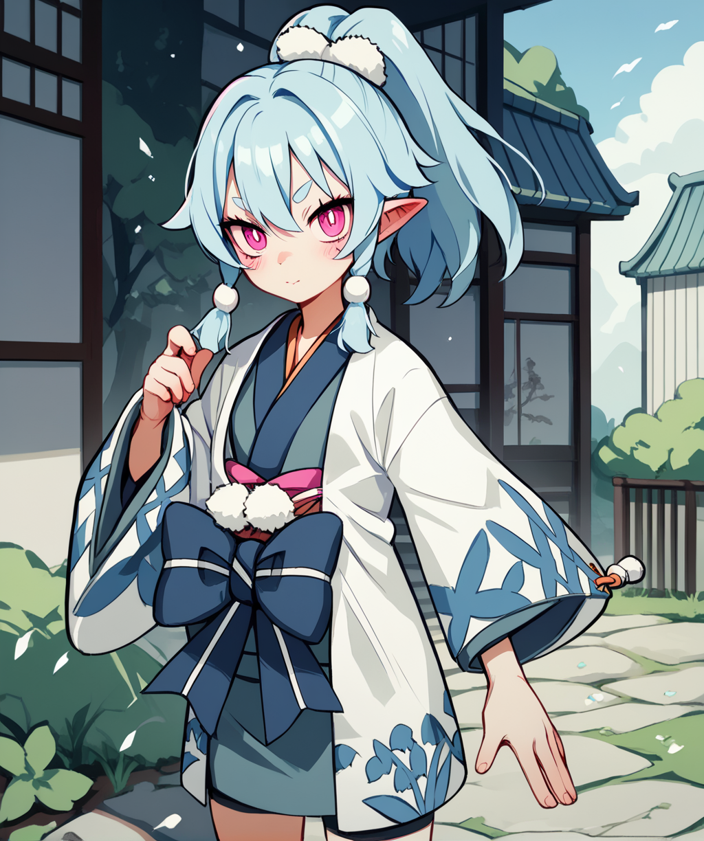 score_9, score_8_up, score_7_up, score_6_up, score_5_up, score_4_up, 
aodgsxl, blue hair, pink eyes, ponytail, 
kimono, white hair ornament, 
standing, 
looking at viewer, 
outdoors, 
<lora:AoD7XL:1>,