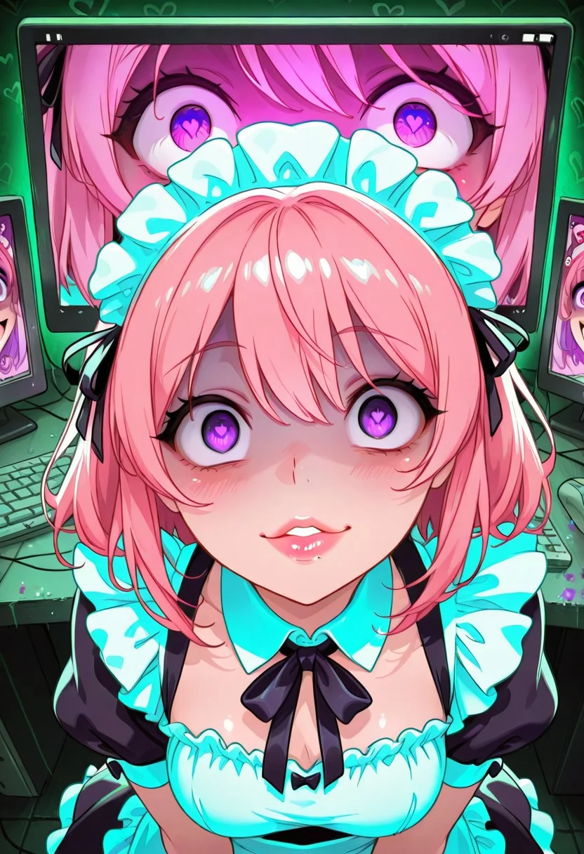 <lora:CivChan:1> CivChan, purple eyes, pink hair, maid outfit, medium breasts, pov_kiss, full lips, floating hearts, hearts, crazy eyes, yandere, insane, computer screens in background with static, heart balloons, glitter, pinkcore