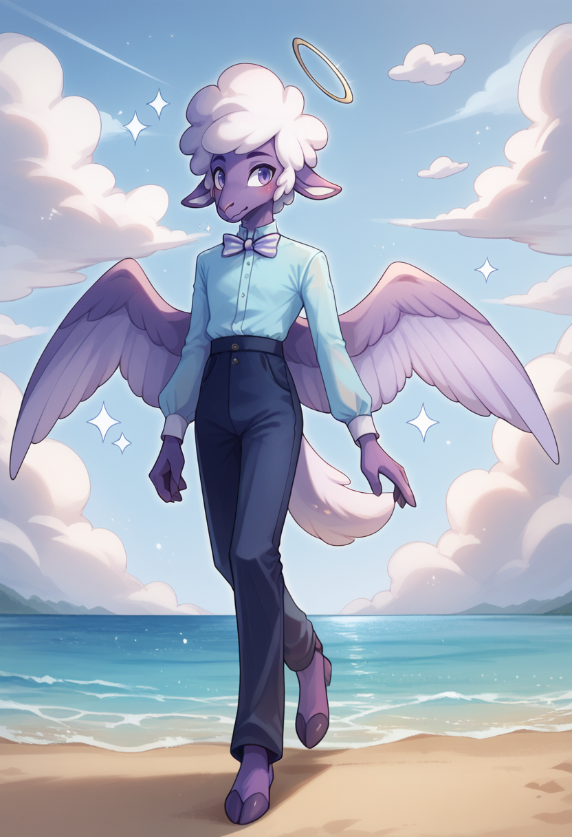 score_9, score_8_up, score_7_up,
((best quality)), absurdres,
<lora:HBCollinPXL:1> HBCollinPXL, slim figure, anthro, male, 1boy,
solo, scut tail, full body, walking, bowtie, Blue shirt, clouds, heaven, wings,
<lora:Smooth Anime Style LoRA XL:0.7> Smooth, Anime, <lora:Expressive_H:1> Expressiveh,