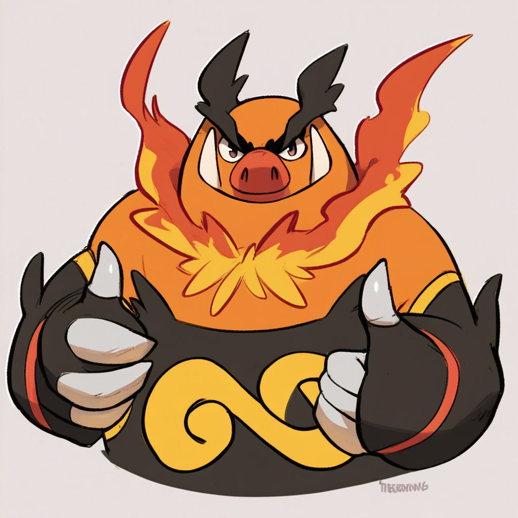 score_7_up, score_8_up, emboar, flames around neck, tusks, yellow pattern on belly, claws, upper body, thumbs up, looking at viewer, smile, simple background,
