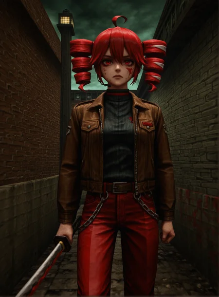 kingpin, masterpiece, best quality, absurdres, solo, 1girl, kasane_teto, red_eyes, front_view, facing_viewer, intense_expression, serious_look, blood_on_face, blood_splatter, messy_hair, detailed_skin, brown_leather_jacket, big_zipper, black_turtleneck, brown_pants, belt_chain, black_boots, katana, blood_stained_katana, holding_katana_vertically, cinematic_portrait, symmetrical_composition, centered_character, well_lit_subject, gritty_detail, urban_background_blur, marina_setting, visible_lighthouse, ocean_view, dramatic_lighting
<lora:dmd2_sdxl_4step_lora:1>, <lora:Kingpin_-_Life_of_Crime_Style_1.2_ILXL:1.1>