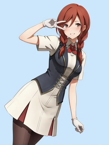 masterpiece,best quality,newest,
1girl,solo,
<lora:t_hibari_b_ilxl_v1.1:1>,t_h_b,red hair,twin braids,brown eyes,
h_clothes,red ascot,white gloves,black vest,white skirt,black_pantyhose,
<lora:Fixhands_anime_bdsqlsz_V1:1>,dynamic_angle,cinematic_angle,simple_background,white_background,face_focus,grin,light_blush,looking_at_viewer,smile,v over eye,cowboy_shot,