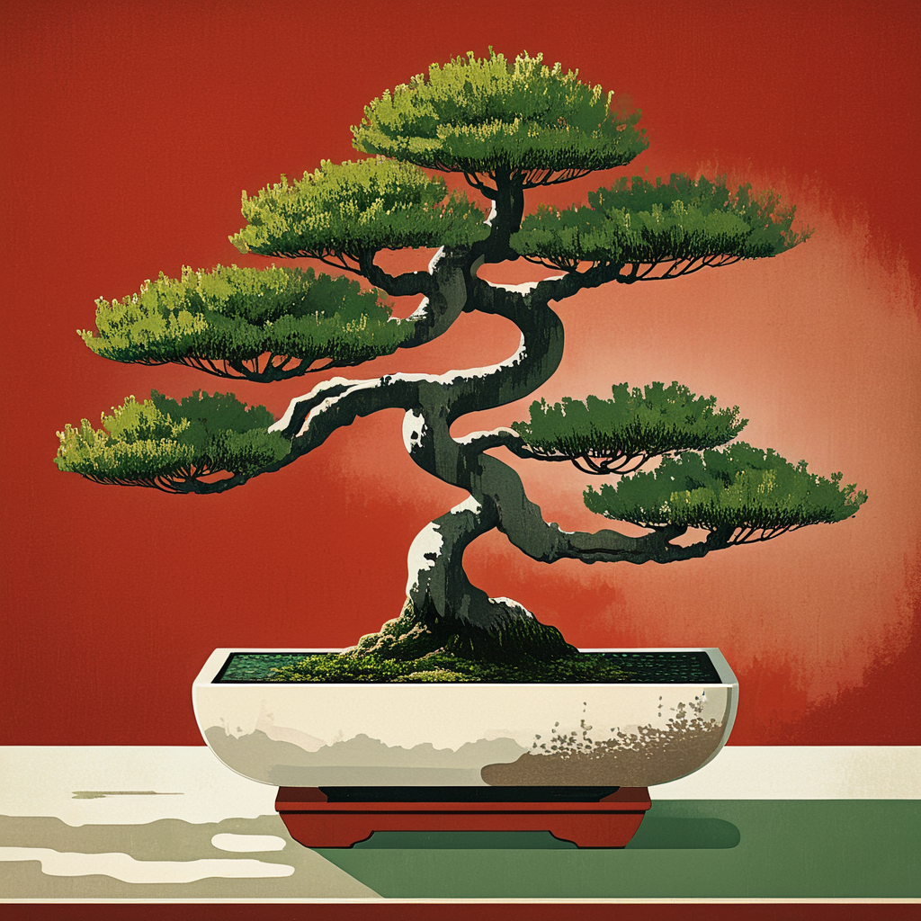 <lora:Modern_Ukiyo-e_illustrationSDXL:1>  Modern Ukiyo-e illustration, The image shows a bonsai tree in a pot on a table with a red and white background. The tree is a vibrant green color and the pot is a neutral color. The background is a combination of red white and cream colors., no humans, tree, egasumi, reflection, cloud, still life, red sky, watercraft, branch, boat
