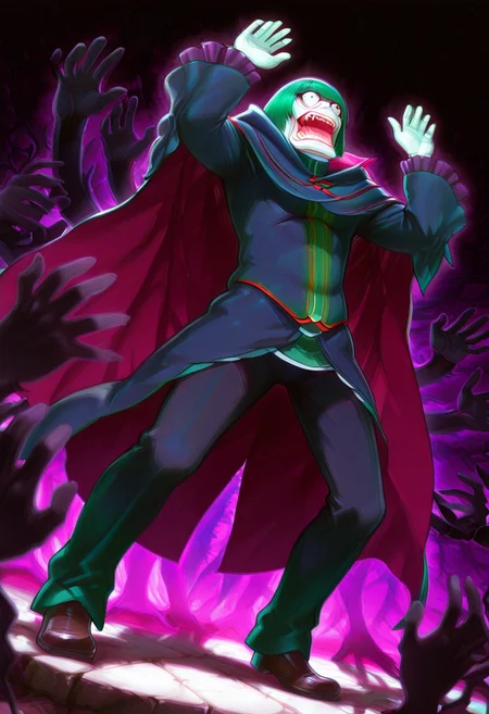 great quality,1boy,solo,male,dynamic angle, ,dynamic pose,looking at viewer,, (wide-eyed),,laughing, petelgeuse romaneeconti,green hair,cloak, colored skin,w arms, crow pose,,full body,legs,dark purple clothes,standing,shadow,dark background,purple disembodied hand, multiple hands,Dutch angle, out of frame