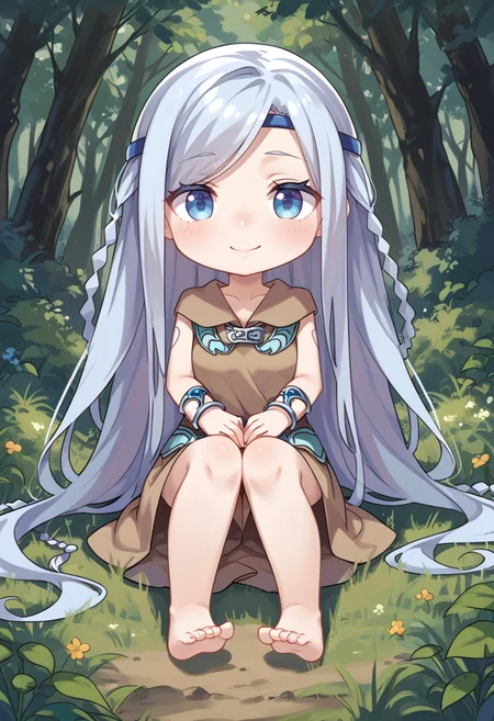 (score_9:0.9),score_8_up,score_7_up,rating_explicit,(zPDXL),(zPDXL3),
<lora:Maiden with Eyes of Blue PonyXL v1.2:0.71>,forest,maiden with eyes of blue,1girl,solo,chibi,smile,barefoot,brown dress,looking at viewer,absurdly long hair,full body,blue circlet,silver bracelet,wariza,sitting,