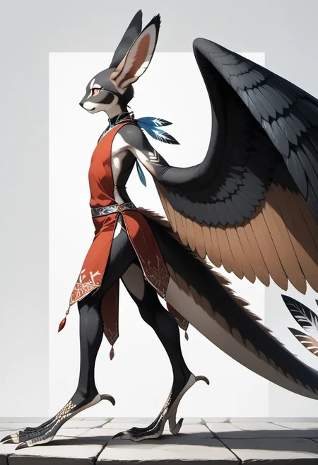 1person, Palagiri, long toes, nimble toes, handfeet, anthro, ((wing arms, large wings, no hands)), feline features, feline nose, large ears, thick tail, long tail, tapering tail, feather tipped tail, digitigrade legs,
Side profile,
Source: anime, score: 9, score: 8up,