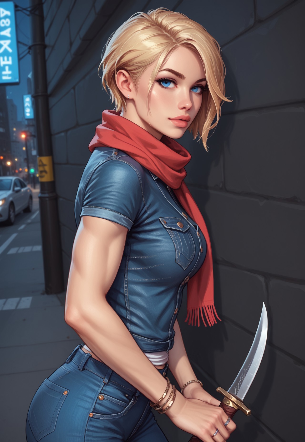 score_10, score_9_up, score_9, sharp focus, central subject, ((creative angle)), relaxed stance, highest quality, intricate eyes, flawless eyes, lifelike eyes, blonde hair, short pixie cut, blue eyes, ((defined jawline)), (subtle makeup), ((toned arms)), (bracelets), fit physique, denim jacket, rings, ((scarf)), (magic dagger), ((slender long legs)), realistic muscles, (white t-shirt), (blue jeans), (sneakers),
BREAK,
standing, leaning forward slightly, (((upper body))), ((side view)), gazing at the camera, artistic perspective, dark background, urban background, evening, city lights, soft glow, ((cozy café))
((((((fully clothed)))