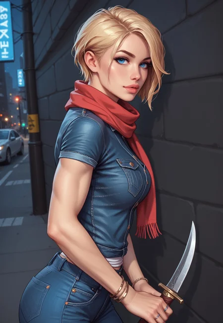 score_10, score_9_up, score_9, sharp focus, central subject, ((creative angle)), relaxed stance, highest quality, intricate eyes, flawless eyes, lifelike eyes, blonde hair, short pixie cut, blue eyes, ((defined jawline)), (subtle makeup), ((toned arms)), (bracelets), fit physique, denim jacket, rings, ((scarf)), (magic dagger), ((slender long legs)), realistic muscles, (white t-shirt), (blue jeans), (sneakers),
BREAK,
standing, leaning forward slightly, (((upper body))), ((side view)), gazing at the camera, artistic perspective, dark background, urban background, evening, city lights, soft glow, ((cozy café))
((((((fully clothed)))