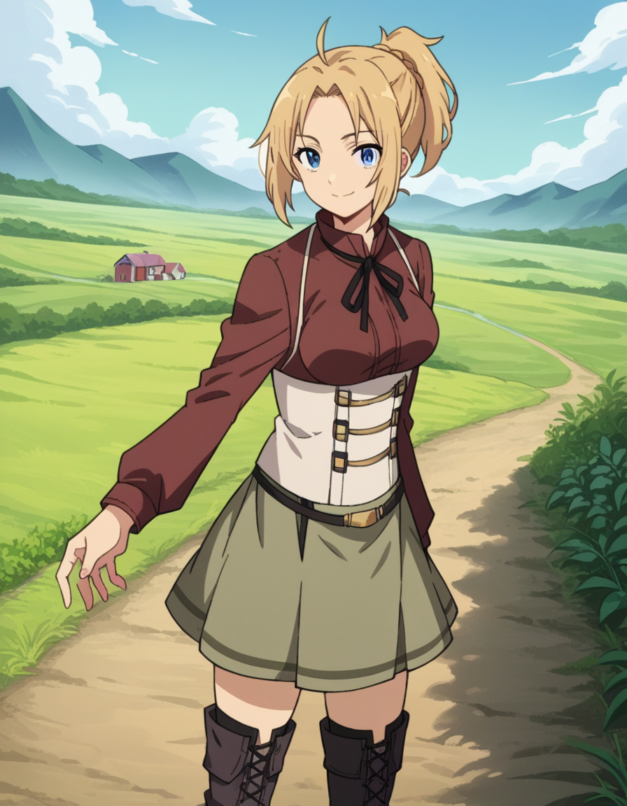 score_9, score_8_up, score_7_up, source_anime,
zenithgreyrat, <lora:zenith-greyrat-s1-ponyxl-lora-nochekaiser:1>,
zenith greyrat, short hair, blonde hair, blue eyes, ponytail, ahoge,
skirt, shirt, thighhighs, long sleeves, ribbon, boots, black thighhighs, thigh boots, brown shirt,
outdoors, landscape, farm, smile,
looking at viewer, dutch angle, cowboy shot,