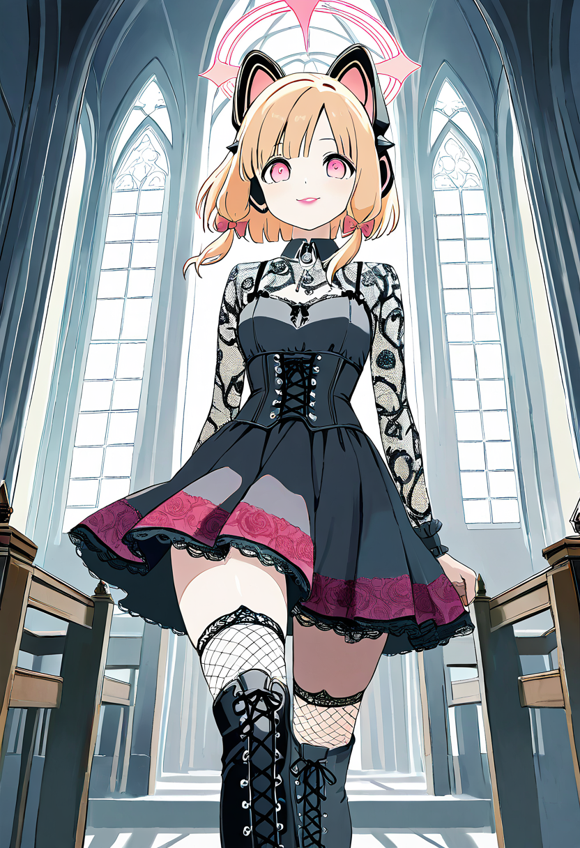 masterpiece, best quality, solo, curvy, beautiful eyes, narrow waist, wide hips, 1girl, solo, smile, looking at viewer, dynamic angle, foreshortening, close up,     zzMomoi, blonde hair, animal ears, fake animal ears, animal ear headphones, headphones, short hair, bow, halo, cat ear headphones, hair bow, red bow, pink eyes, pink halo,  ,<lora:MomoiBlueArchiveIXL:0.7>,[Gothic Emo], black lace-up corset with a high-neck collar, long-sleeve sheer black mesh top with velvet floral patterns, dark purple velvet skirt with lace trim, thigh-high fishnet stockings, platform boots with silver spikes, silver hoop earrings, bold black eyeliner with dramatic winged eyeshadow, dark red lipstick, standing in front of a gothic-style church with fog creeping along the ground,