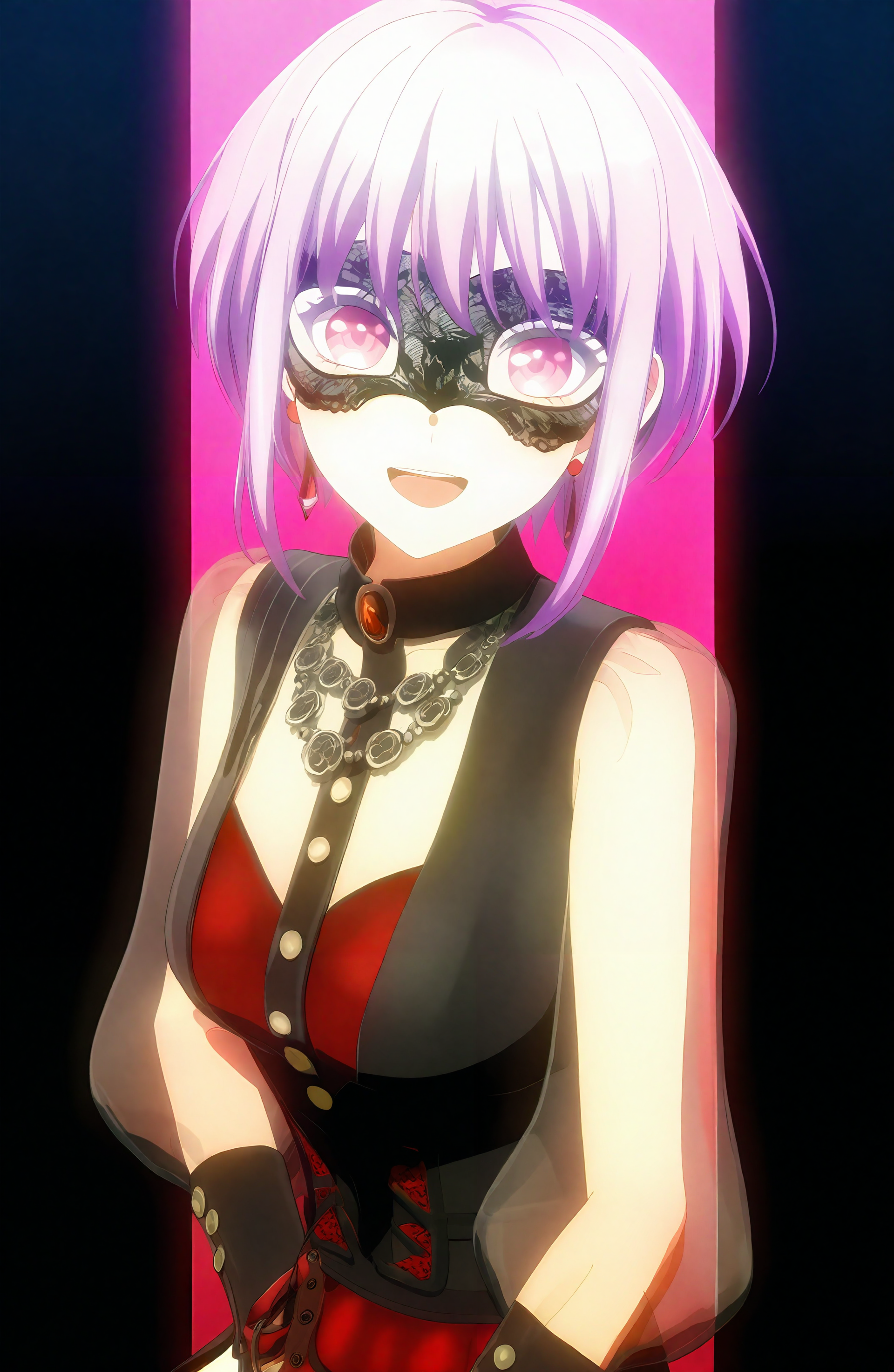 1girl, solo, looking_at_viewer, smile, open_mouth, short_hair, long_sleeves, jewelry, sitting, purple_hair, sidelocks, :d, pink_eyes, necklace, see-through, mask, red_nails, see-through_sleeves