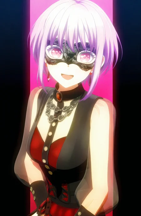 1girl, solo, looking_at_viewer, smile, open_mouth, short_hair, long_sleeves, jewelry, sitting, purple_hair, sidelocks, :d, pink_eyes, necklace, see-through, mask, red_nails, see-through_sleeves