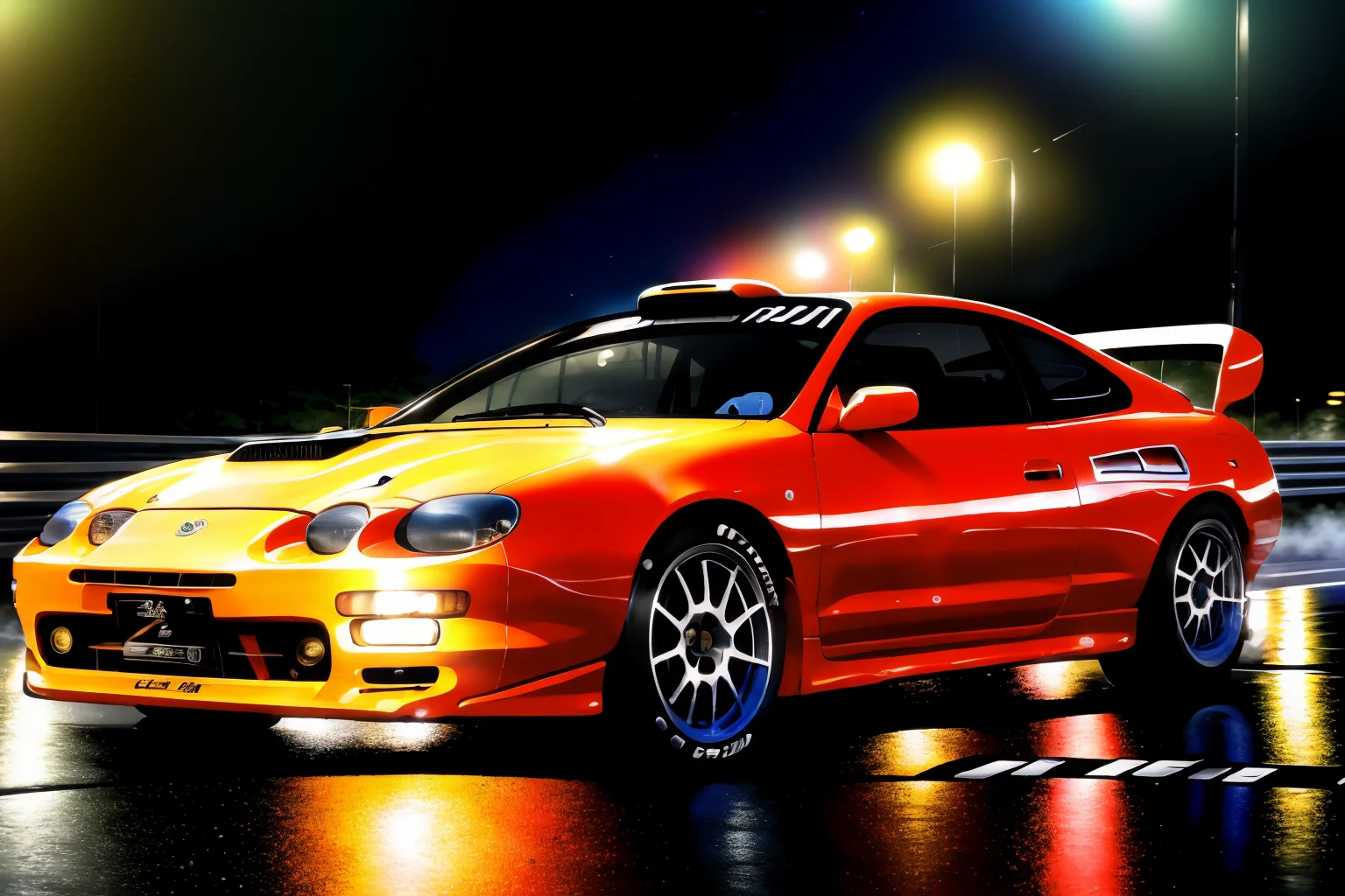 masterpiece,best quality,official art,extremely detailed CG unity 8k wallpaper,illustration, ((TUNED RALLY car)), bright, sports car, vehicle focus, road, ((need for speed)),((NFS)), moving, wet, (((NIGHT))),neon lights,drift,  <lora:CELICA6:0.8>, (CELICA6) <lora:urushisato:1> ((urushisato))
