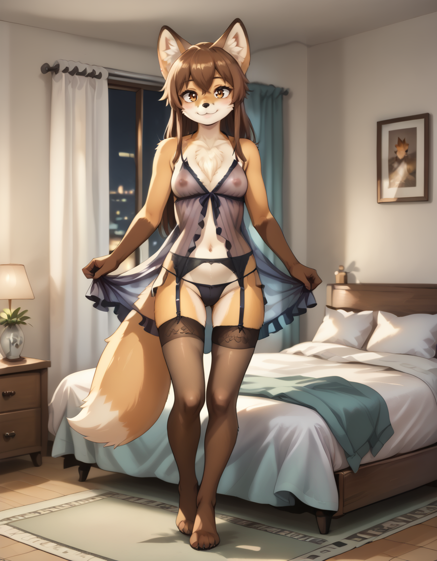 indoors,bedroom,
full body,smile,long eyelashes,
see-through negligee, garter belt, thighhighs, covered nipples, black thong bikini, 
<lora:Kamy_v01_PDXL:1>,kamy,1girl,solo,furry female,fox girl,fox ears,fox tail,animal ear fluff,brown hair,animal nose,brown eyes,body fur,orange fur,