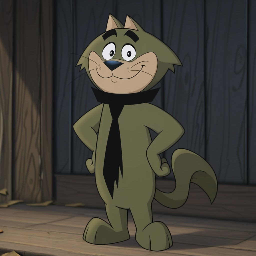 2d, 2d (artwork), 1boy, solo, TCSpook, feline, cat, male, olive green fur, olive green body, black nose, whiskers, beige muzzle, black eyebrows, thick eyebrows, freckles, black eyes, tail, black necktie
BREAK standing, hands on hips, looking at viewer, smiling, full body
BREAK best quality, amazing quality, very aesthetic, absurdres, newest, masterpiece