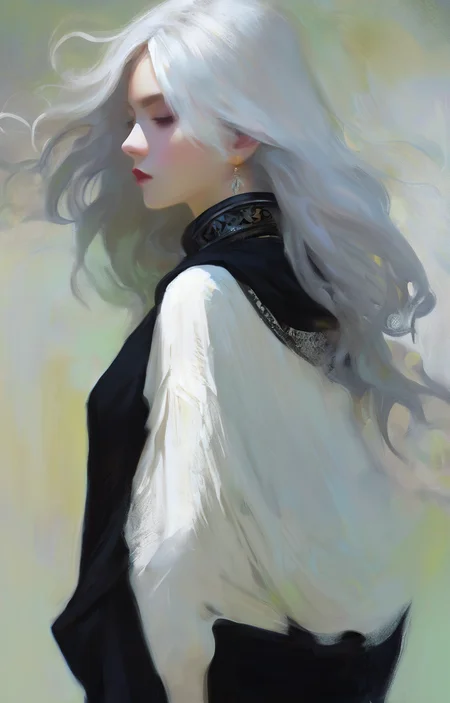 (Style by NTY:1.4), a woman, black shirt, white hair, intricate, dark, <lora:OilPaint:0.7>