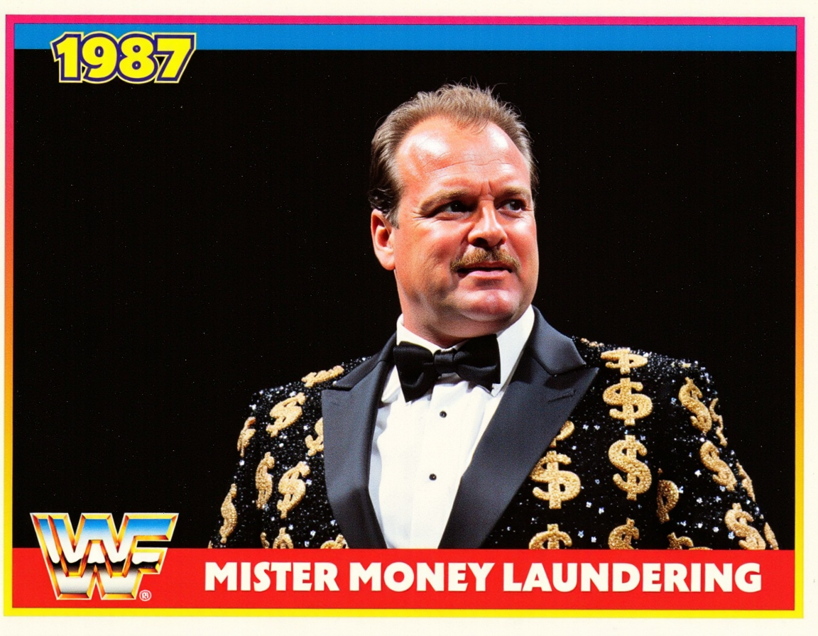 A WWF horizontal trading card of Mister Money Laundering 1987, in a sparkly black tuxedo with sparkly gold dollar signs on it