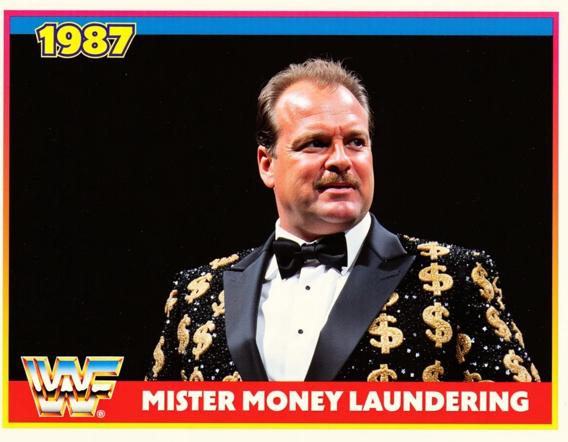 A WWF horizontal trading card of Mister Money Laundering 1987, in a sparkly black tuxedo with sparkly gold dollar signs on it
