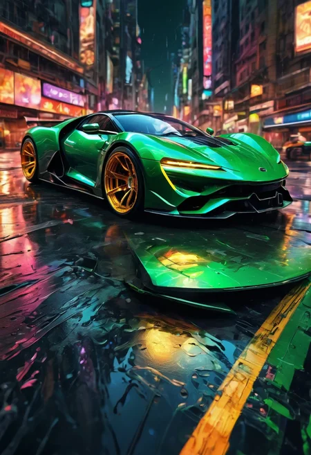 epic digital picture of a sportscar driving on n a road in a futuristic city surrounded by city lights , intricate vinyls ,the car got underground neon lights in green, highly detailed, at night, rainy, masterpiece, dramatic cinematic lighting, unforgettable, very intricate, BadDream, SoraSleepAI, Circle, Jed-Splash