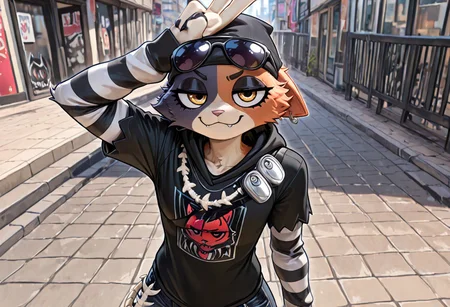 masterpiece, best quality, newest, absurdres, highres, furry, perfect anatomy, mxcaoxzz, multicolored_fur, striped sleeves, black hoodie with graphic, fish bone jewelry, tuna cans strap, denim, ripped jeans, fish bone keychain, sunglasses, eyewear, sunglasses on eyes, feline, cat, anthro, female, flat chest, solo, solo focus, looking at viewer, standing, smug, smiling, city, streets, sidewalk, sunlight, headshot, hand on head, shocker gesture, shocker, thumb and ring fingers down, middle index and pinky fingers up, 5 fingers, palm out, shockr, wiping sweat,