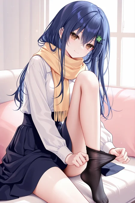 masterpiece, best quality, newest, absurdres, highres,(chen bin: 0.5),(hiten \(hitenkei\):0.4),(rimuu:0.5),(mignon:0.5),(sheya:0.6),1girl, solo,
itsuka shiori, 1girl,solo, blue hair, brown eyes, hairclip, four-leaf clover hair ornament,smile,no shoes,
putting on legwear, thighhighs,
scarf,long skirt,sitting,leg up,<lora:shioriXLNAI:1>