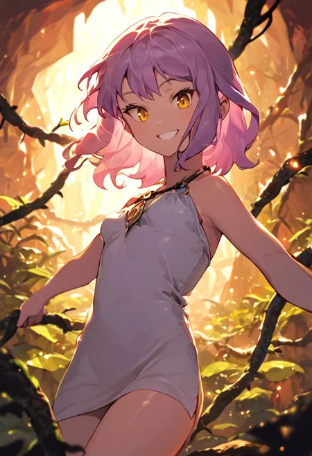 masterpiece,best quality, highly detailed, score_9, score_8_up, score_7_up, score_6_up, source_anime,
 BREAK
1girl, long lavender hair, loose, golden eyes, small breasts, perky, nymph tunic, sheer, glistening thighs, playful grin, looking down, from above, crystal cave, glowing pools, vines curling, tantalizing pose
 BREAK
dynamic light, warm_light, warm_colors, high contrast, depth of field, golden hour lighting, dramatic shadows, rich details,