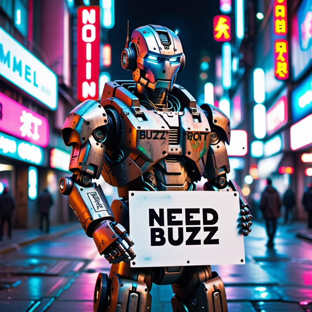 man (holding a sign that says:1.6) "Need buzz" robot man android old busted rusty cyberpunk, low power, sad, low energy, broken, malfunctioning <lora:texta:1.2>, cyberpunk city, grime, frowny, night, (anime, masterpiece, intricate:1.3), (best quality, hires textures, high detail:1.2), (4k),(incredibly detailed:1.4),UHD, 8K, ultra detailed