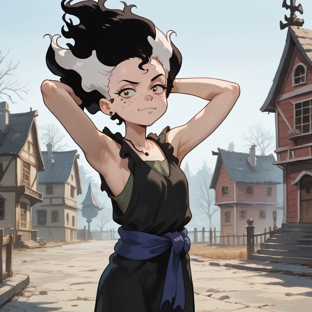 score_9, score_8, score_7, break, elsafrank_sd, 1girl, multicolored hair, freckles, dress, sash, hands behind head, looking at viewer, haunted house, outdoors
