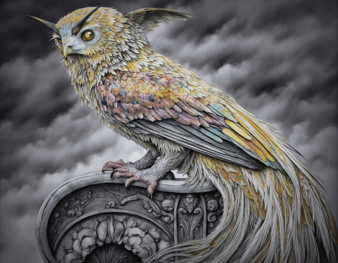<lora:Staggering:0.85> staggering, A highly detailed pencil drawing of a fantastical creature, blending avian and feline features. The creature has iridescent, oil- slick colored feathers with intricate patterns and large, expressive golden eyes. It is perched on an ornate, gothic-style gargoyle with a stormy sky as background, rendered with cross-hatching and meticulous attention to detail. . 35mm photograph, film, bokeh, professional, 4k, highly detailed