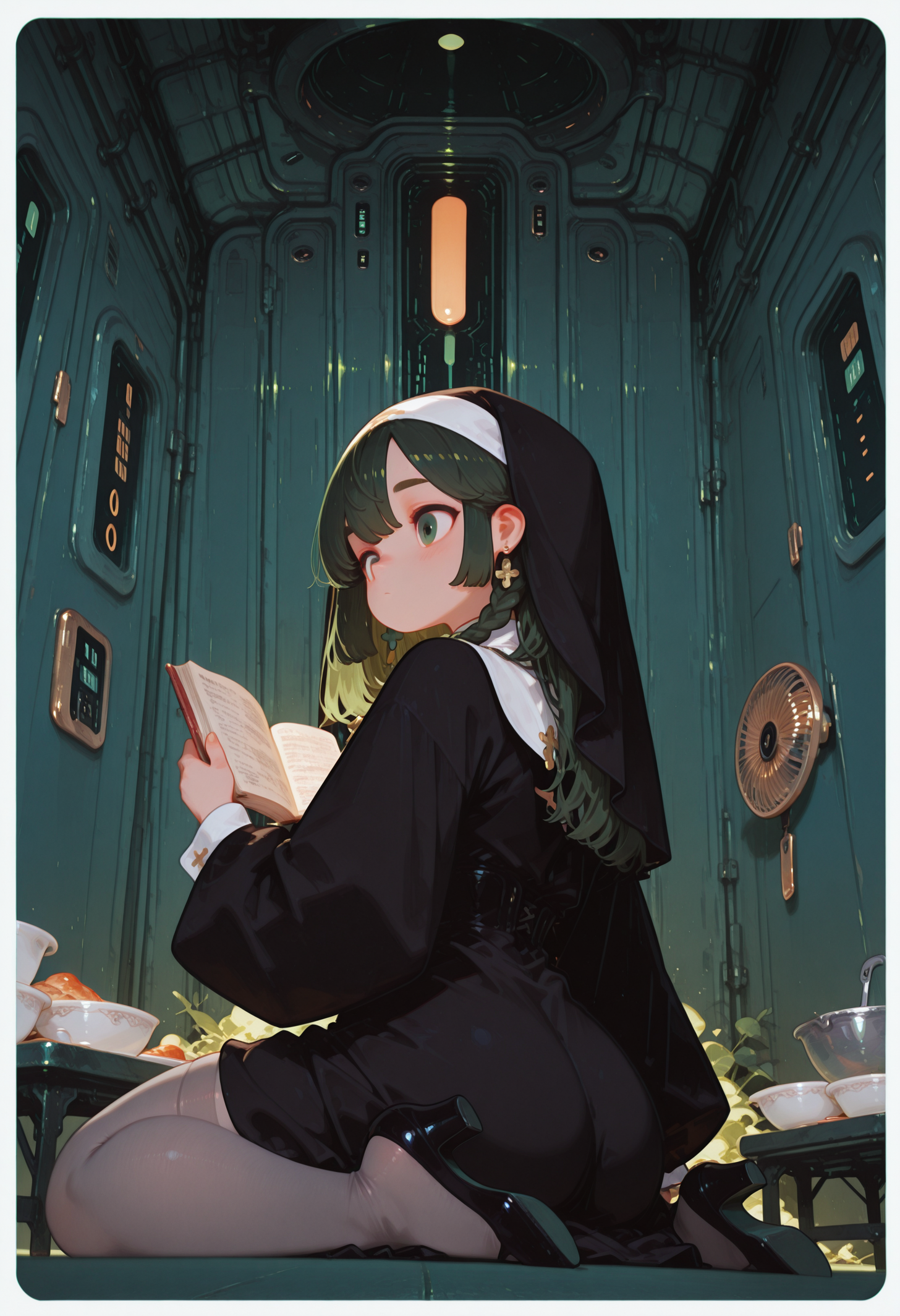solo,, masterpiece, best quality,
((cinematic lighting)) ,
((cropped upper body, close up)) ,
evening light, shadowy
,
(from below,
from behind, back shot
),
1girl,
wariza ,
long hair, side braid hair
,
swept bangs ,
ultra detailed eyes, (flat chest), [[[abs]]],
emosionless ,thick eyebrows
,
( nun outfit ),
pumps, translucent grey tights ,
skindentation, ((chubby thick legs), thick legs, chubby legs), thick calves,
hoodie ,
ray from window ,
dynamic perspective,
BREAK
reading book
,
(simple background, simple gradient pastel dark green  background with white border),
retro  elevator   background, dishes ,ventilation fan
,
fl4t, flatline, vector style
,
,
<lora:sdxl_turbo_weghts_beta_v0_1_0:0.95>
<lora:fl4t:1.5>
, , ,
,
,